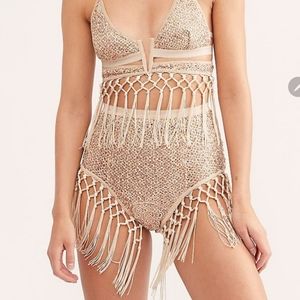 Free People High Waist Fringe Shorts - Cream and Brown